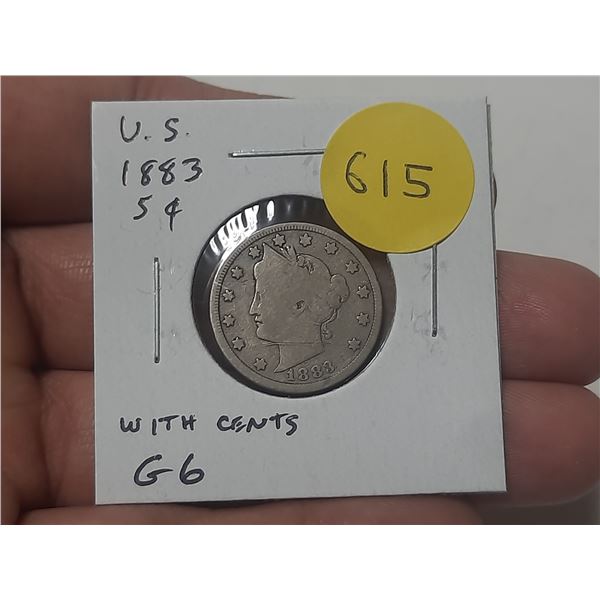 U.S. 1883 Liberty Head Nickel 5 Cents. With Cents variety. G6.