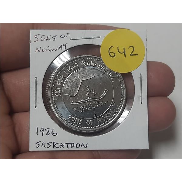 1986 Saskatoon Trade Dollar. Sons of Norway Ski Club. BU.