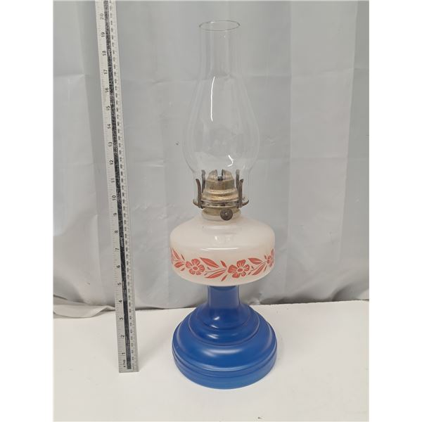 "blue + floral oil lamp and chimney"