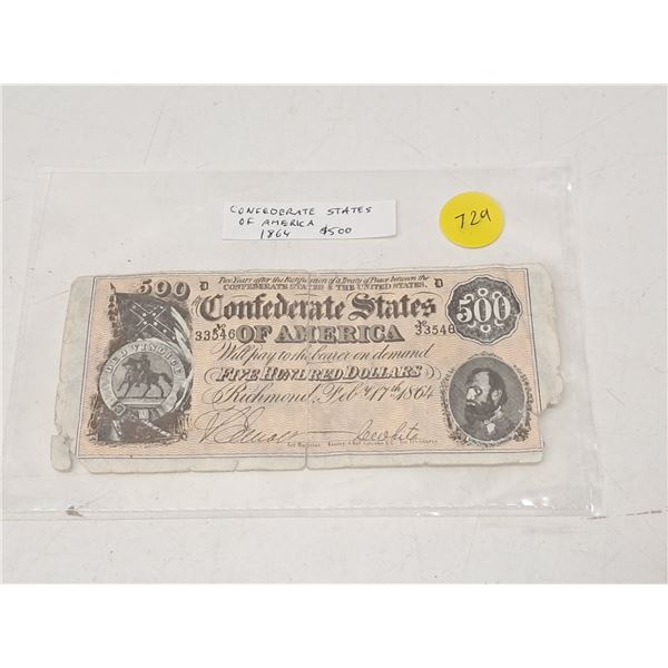 "replica of confederate state of America" 1864 $500