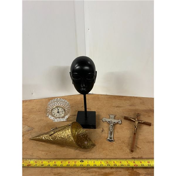 Miscellaneous Items ( Crystal Clock. Wooden Sculpture Stand, Crosses, Metal Display)