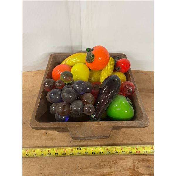 Vintage Blown Glass Fruits and Vegetables in a Wooden Bowl