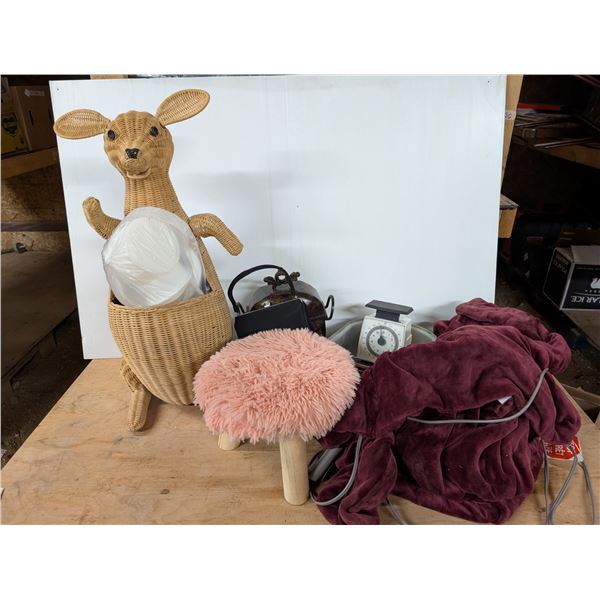 Box of Miscellaneous Items (Stool, Wood Kangaroo basket, purse, etc)