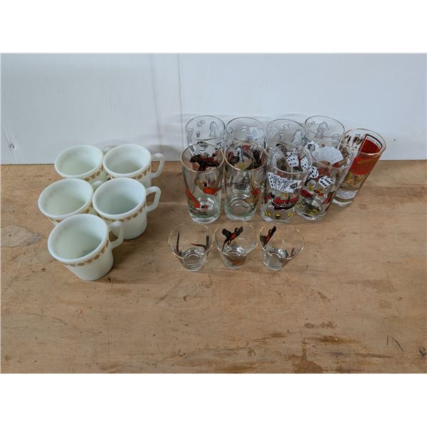 (S) Pyrex Glass Mugs, and Miscellaneous Designed Drinking glasses