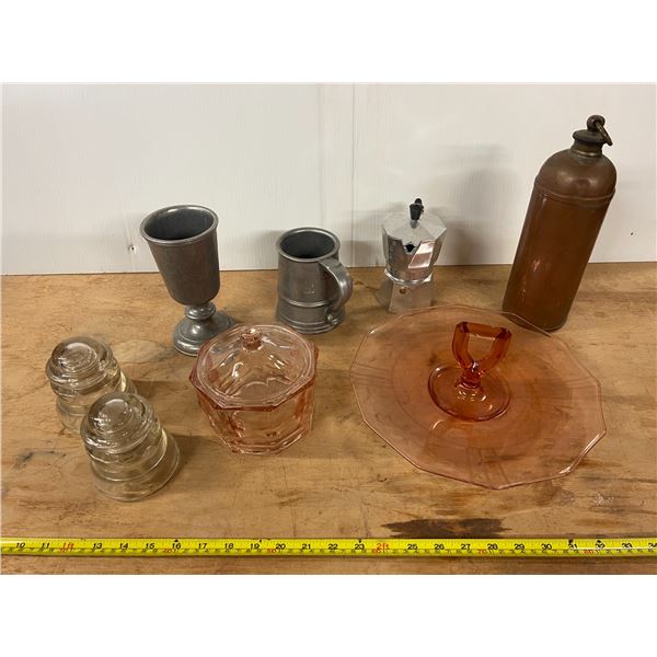 Lot of Vintage Items (Cups, Serving Plate, Coffee Maker, Water Bottle)