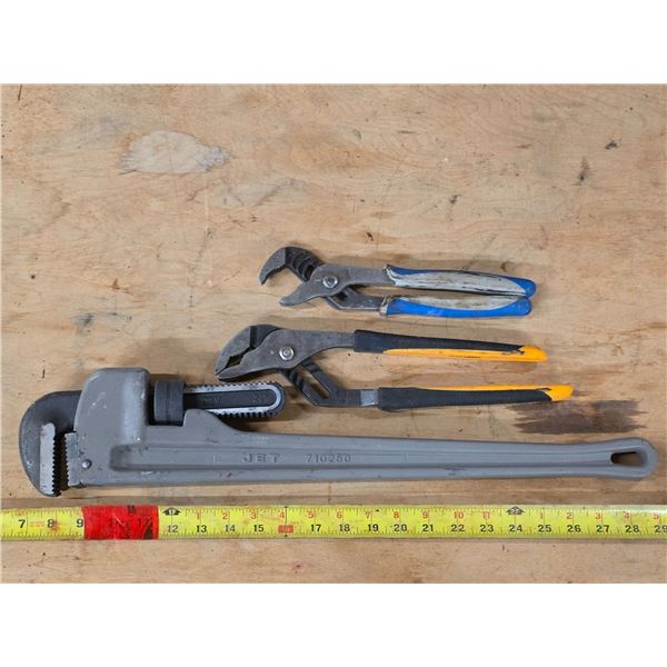 24" monkey wrench and 2 pliers