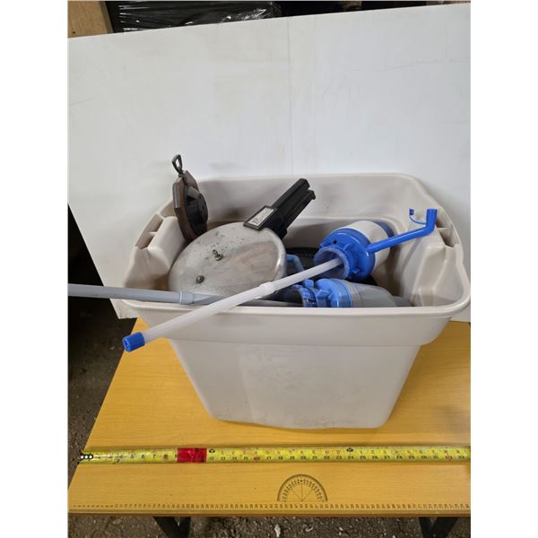 Tote with cooking pots and misc items