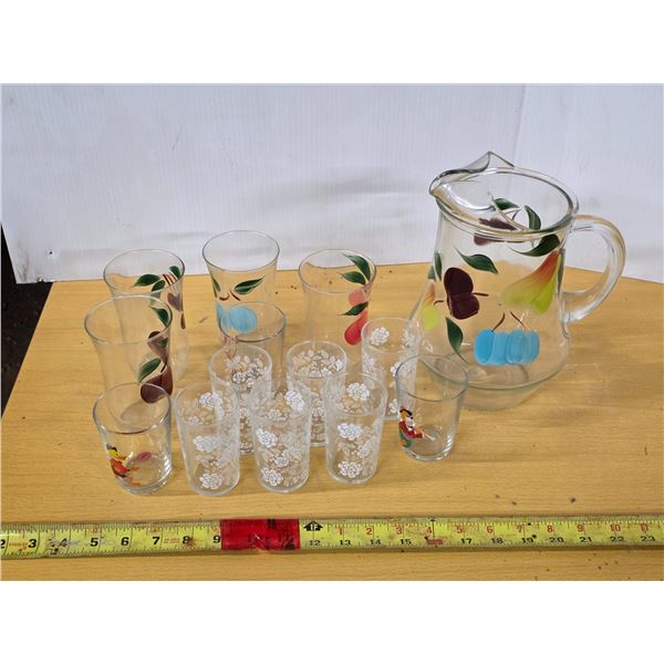 Decorative glasses and pitcher