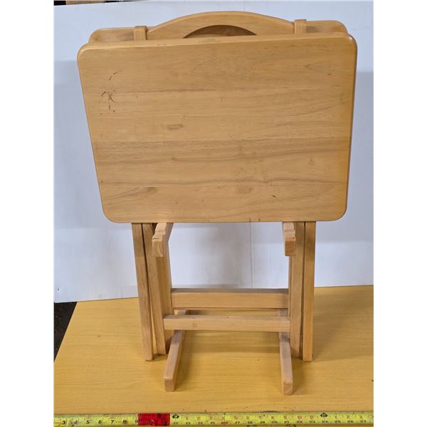 2 wood tv trays and storage rack