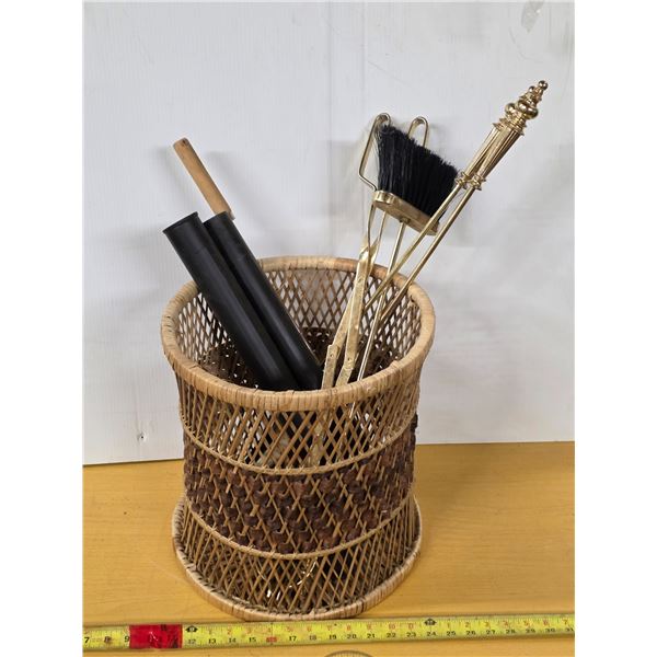 Weave basket with fire place tools and vacuum parts