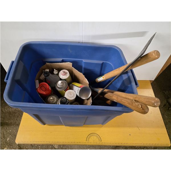 Bin of various tools and spray paint
