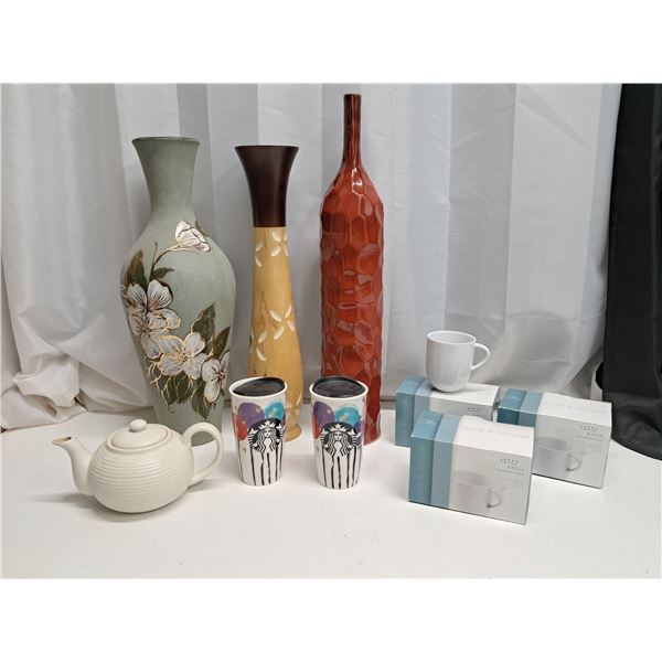 "mugs, vases tea kettle"