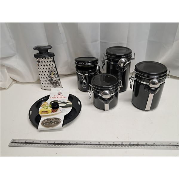 "canaster, egg poacher, grater"