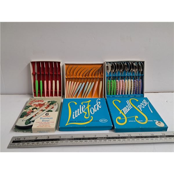 "stainless steel mini fork, knife, and spoon set"