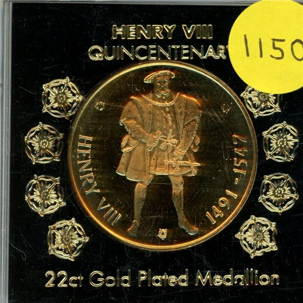 Great Britain. Henry VIII Quincentenary Gold-Plated Medallion. Housed in hard plastic holder. BU.