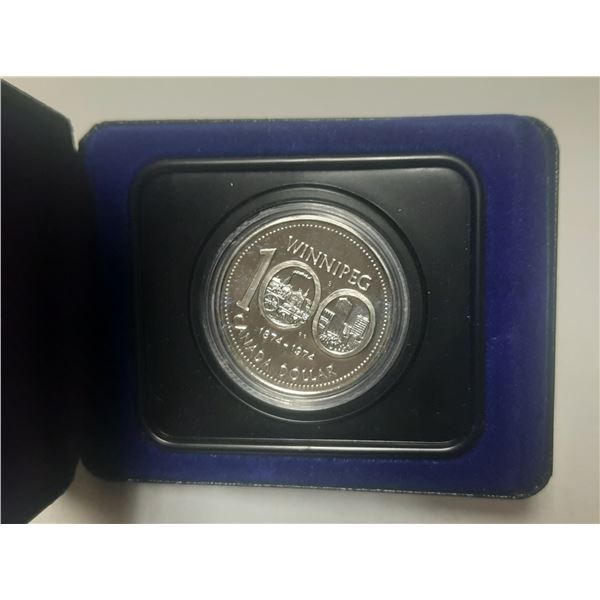 1874 – 1974 Winnipeg Centennial Nickel Dollar. Specimen. Housed in its original case.