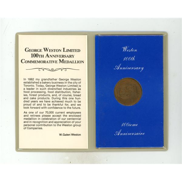 1882 – 1982 George Weston Limited 100th Anniversary Commemorative Medallion. Housed in its 