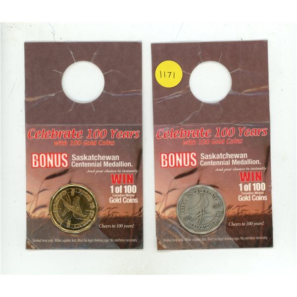 Set of 2 Celebrate Saskatchewan Centennial Medallions. Both different.