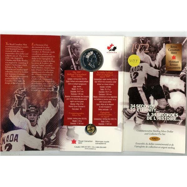 1972 – 1997 Canada Russia Hockey Series Silver Dollar. Specimen. Includes Sterling Silver P