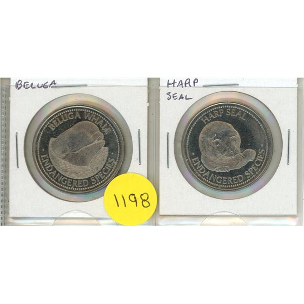 Set of 2 Endangered Species medals. Beluga Whale & Harp Seal.