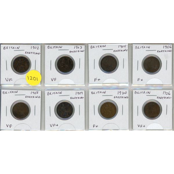 Set of 8 British Farthings from 1902 to 1926. Edward VII and George V.