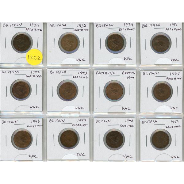 Set of 12 British Farthings 1937 to 1949. All George VI.