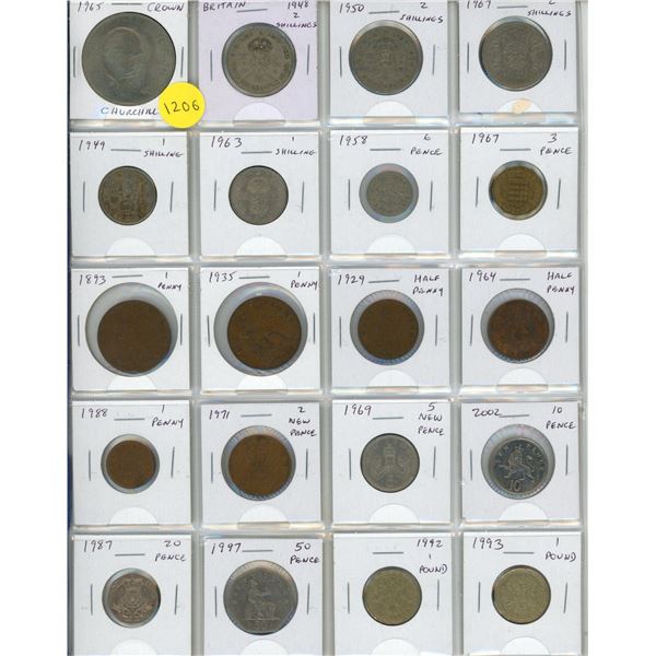 Set of 20 different British coins including Crown and Pound.