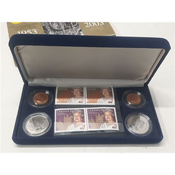 1953 – 2003 Queen Elizabeth II Coronation Stamp and Coin Set. Includes 4 coins and 4 stamps