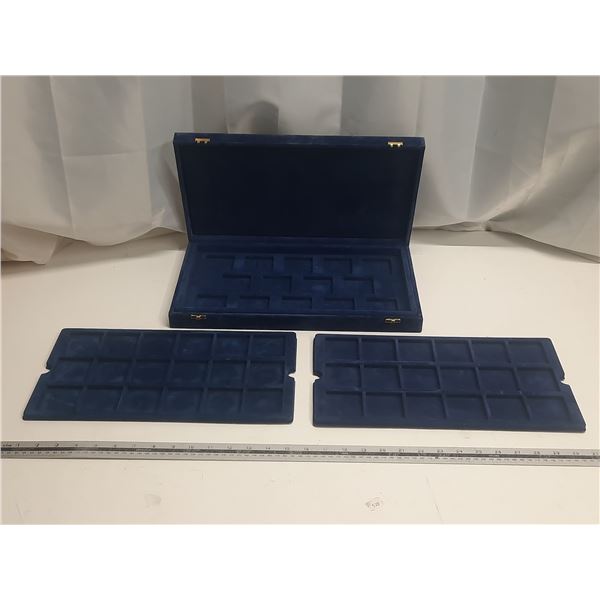Fancy blue case with 3 trays, each holding 18 large coins. Used.