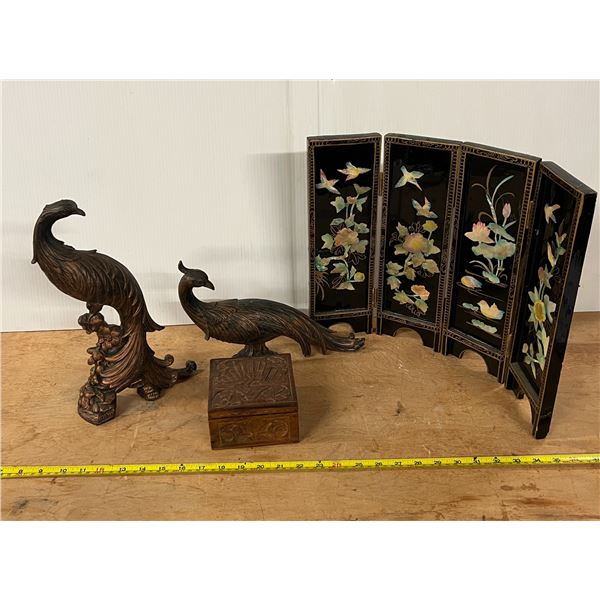 Antique Décor (wooden peacock, wooden box, four panel table screen)