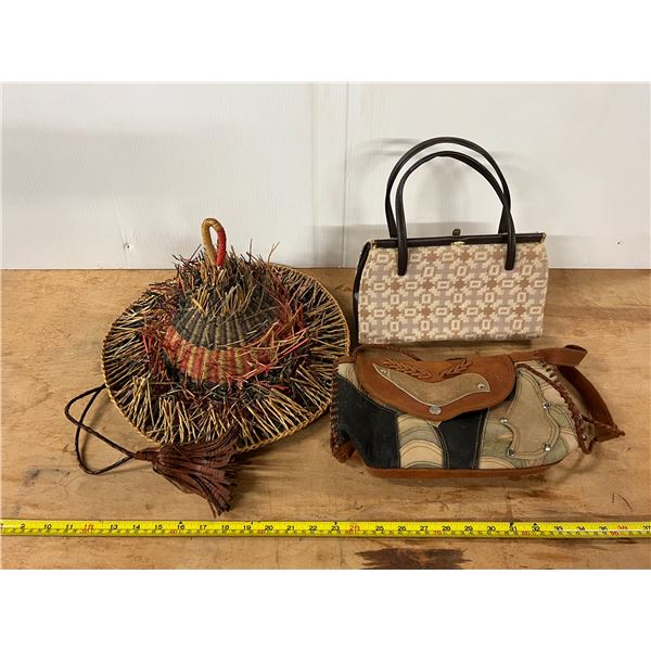 Lot of Bags and Hand Woven Decorative Hat