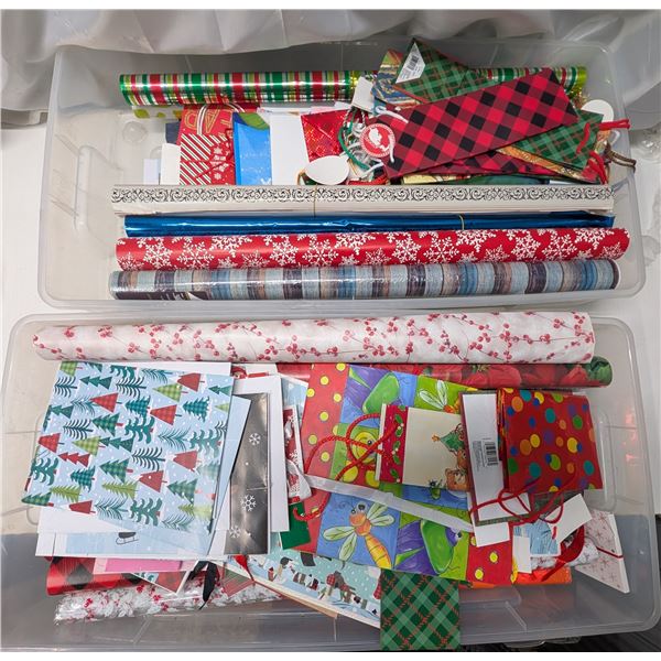 (2) Plastic Tubs Full of Misc. Christmas Gift wrapping and etc.