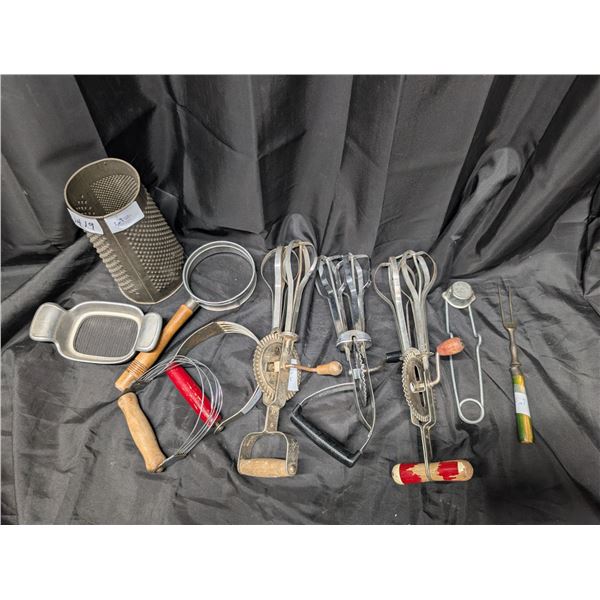 Lot of Vintage Kitchen Tools (Egg Beaters, Grater, and etc.)