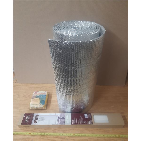 Cordless Cellular Shade 27 in X 72 in, Tarp Tie Down and Roll of Bubble Insulation.