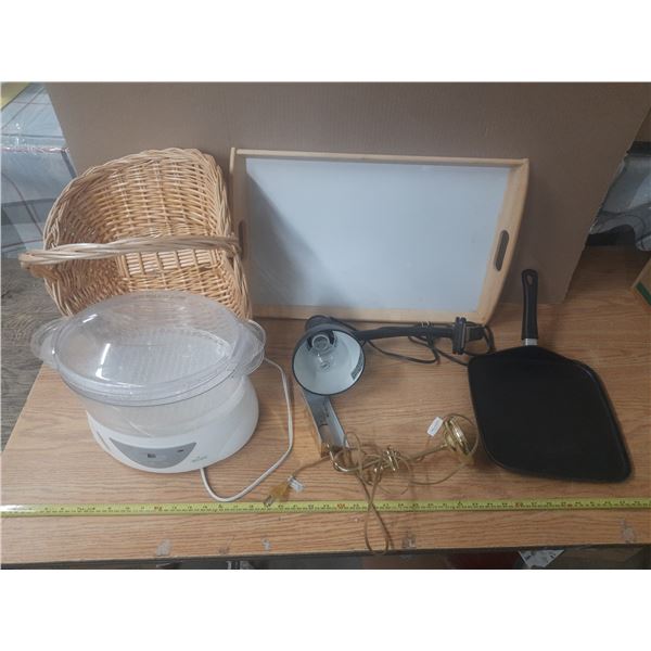 Two Table Lamp (Untested), Serving Trays, Pan, Basket, Food Steamer, etc.