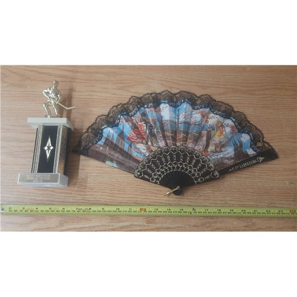 Vintage Midget North Stars Rookie of the Year Hockey Trophy and Vintage Spanish Hand Fan.