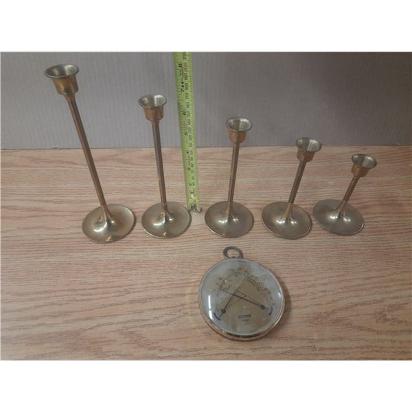 Lot of Brass Candle Holders and Vintage Analog Climate instrument by Hoffritz France.
