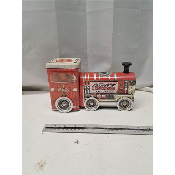 "coca cola train tin container"