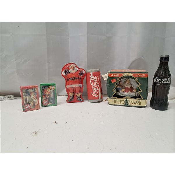 "coca cola playing cards, tin, ornament, bottle"