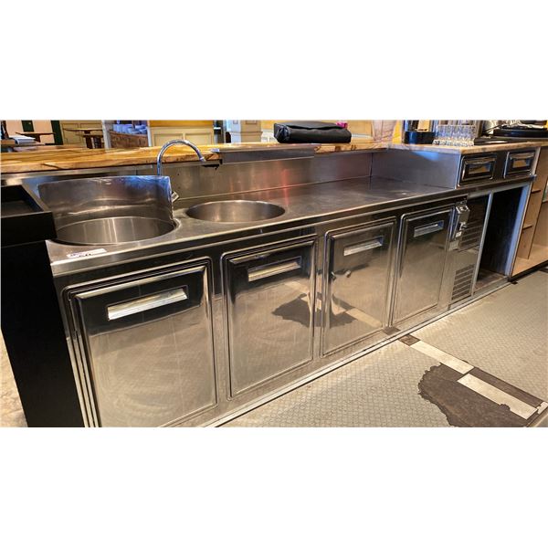 COMMERCIAL BAR UNIT WITH BUILT IN STAINLESS 4 DOOR COOLER, DOUBLE SINK, 2 DRAWERS &