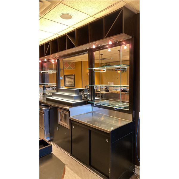 COMMERCIAL MIRRORED BACK BAR WALL UNIT WITH GLASS SHELVED & STAINLESS STEEL COUNTERTOP