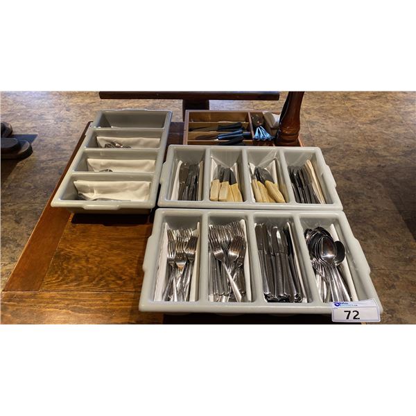LARGE GROUP OF ASSORTED CUTLERY, CUTLERY TRAYS & SALT/PEPPER MILLS