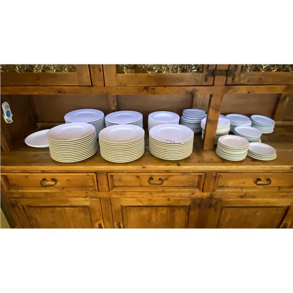 LARGE GROUP OF COMMERCIAL QUALITY WHITE DINNER PLATES, SOUP BOWLS, BREAD PLATES