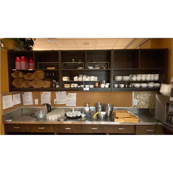 CONTENTS OF SHELVING UNIT- RAMEKINS, COFFEE MUGS, SIDE PLATES, TEA POTS, TAKE OUT CONTAINERS, WIRE