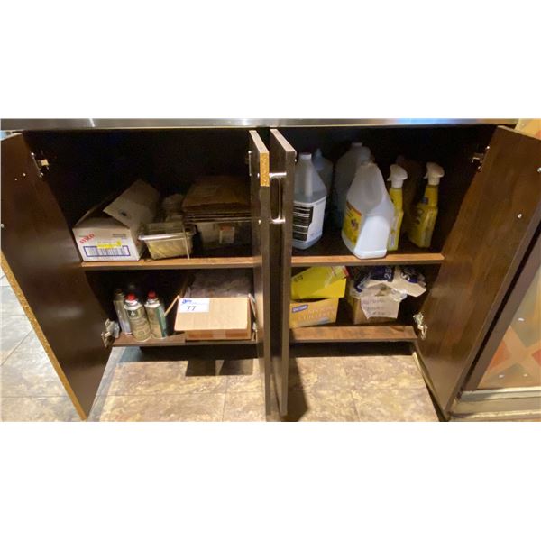 GROUP OF ASSORTED RESTAURANT SUPPLIES- BUTANE GAS, SUGAR, CLEANERS, PLASTIC CUTLERY, ETC