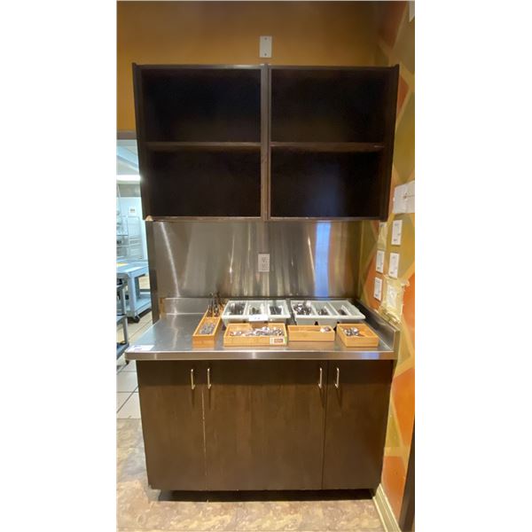 STAINLESS STEEL TOP 2 CUPBOARD UNIT APPROX 50"L X 20"D X 36"H WITH 2 SECTION WALL HUNG SHELVES