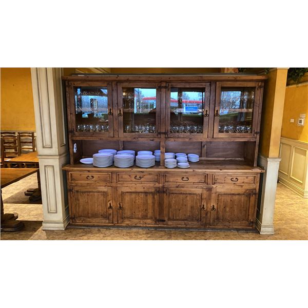 RUSTIC PINE BUFFET AND HUTCH WITH IRON ACCENTS APPROX 107"L X 24"D X 83"H *CONTENTS NOT INCLUDED*