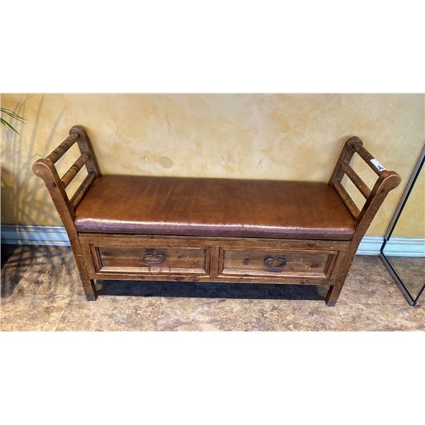 RUSTIC PINE WITH IRON ACCENTS LEATHER PADDED BENCH SEAT WITH 2 DRAWERS APPROX 52"L