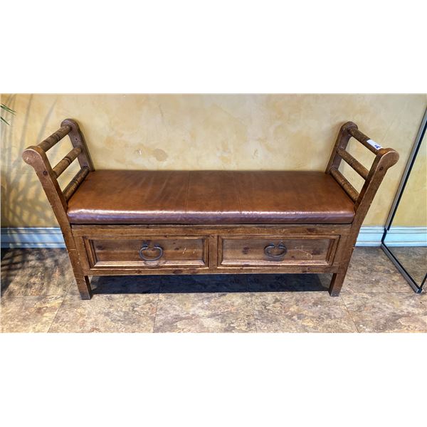 RUSTIC PINE WITH IRON ACCENTS LEATHER PADDED BENCH SEAT WITH 2 DRAWERS APPROX 52"L