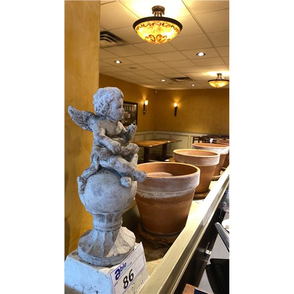 SMALL CONCRETE CHERUB STATUE & 7 PLANTER POTS